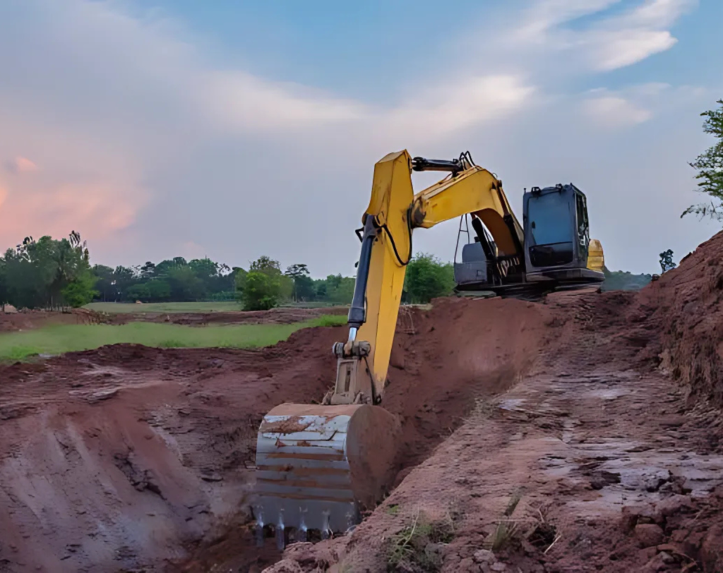 JKT Outdoor Services Ltd. team using excavator for foundation digging on a construction site in Parkland County, Alberta, Canada.